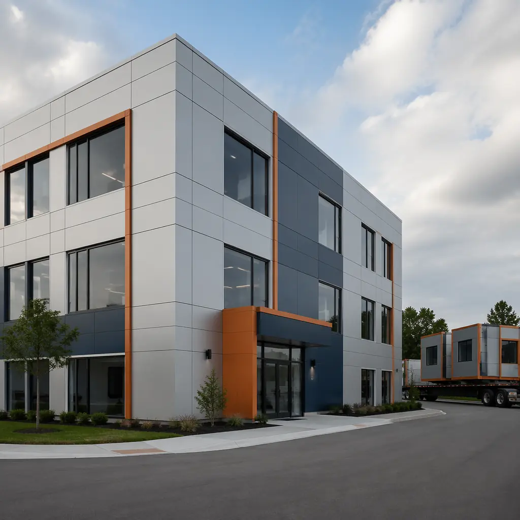 Construction site showing completed modular building with clean geometric lines, grid pattern facade reflecting factory-assembled modules, module seams visible, deep navy and warm steel accents, modules arriving on flatbed truck in background