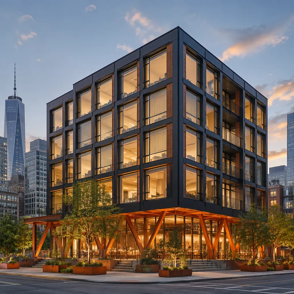 Completed modern modular building complex in urban setting, steel-framed prefabricated construction with clean geometric facade and visible module grid pattern, fully occupied multi-story building with dark navy architectural accents and warm steel orange structural details, professional architectural photography with city skyline