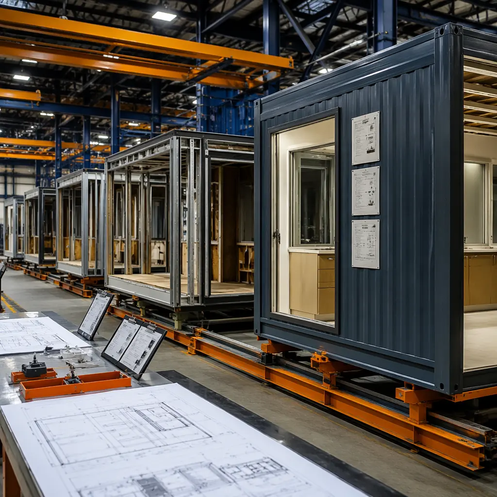 Factory floor of modular construction facility with steel-framed modules in various stages of assembly, state certification labels visible on completed modules, quality control inspection station with engineering documentation, assembly line with modules progressing through production stages, controlled industrial environment