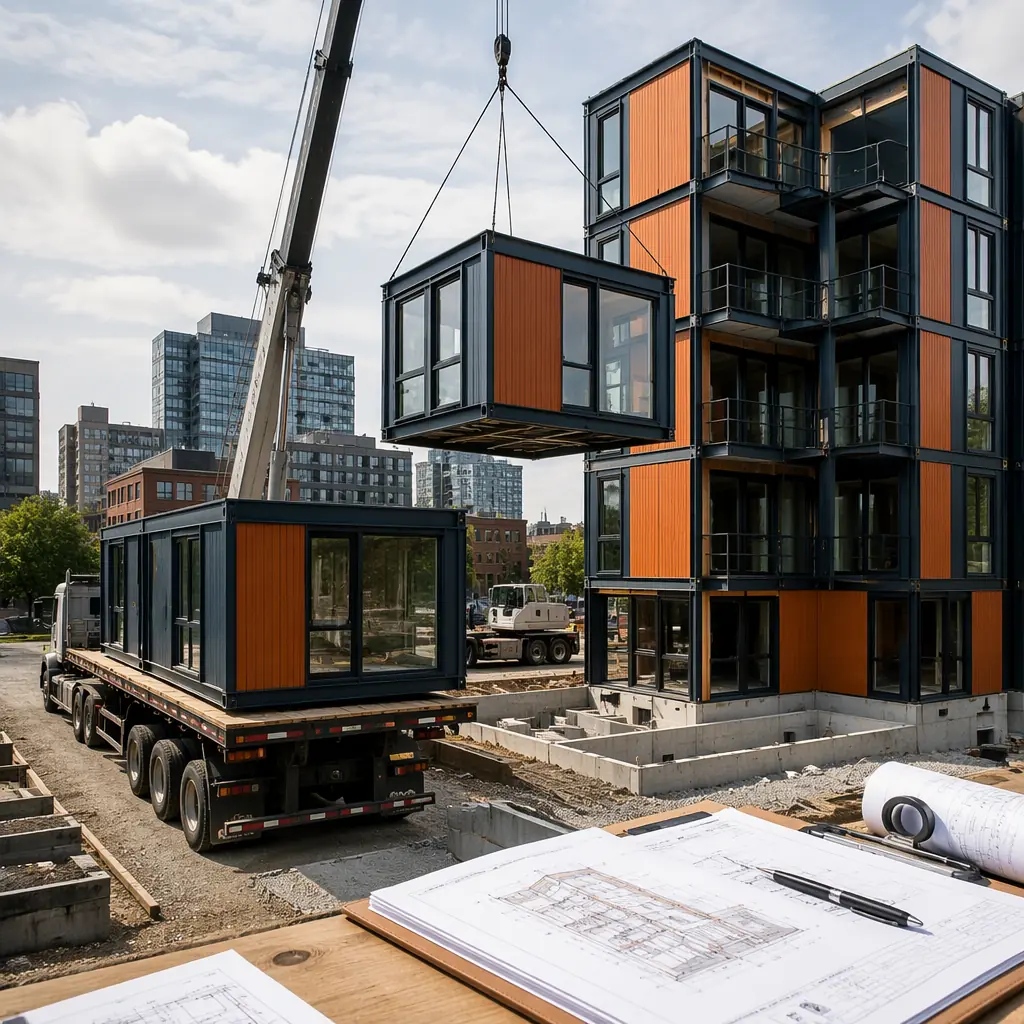 Modular prefabricated building under construction in urban setting, steel-framed factory-assembled modules being craned into position on city lot, clean geometric facade with module seams visible, construction site with building department inspection visible, dark navy structural steel with warm steel orange details, city skyline background