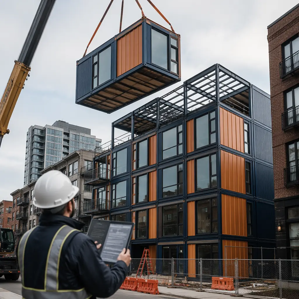 Urban construction site with modular building modules arriving on flatbed trucks, crane positioning steel-framed prefabricated unit onto foundation, building department inspector reviewing site documentation, multiple completed modules stacked and connected, clean geometric building facade emerging on city lot