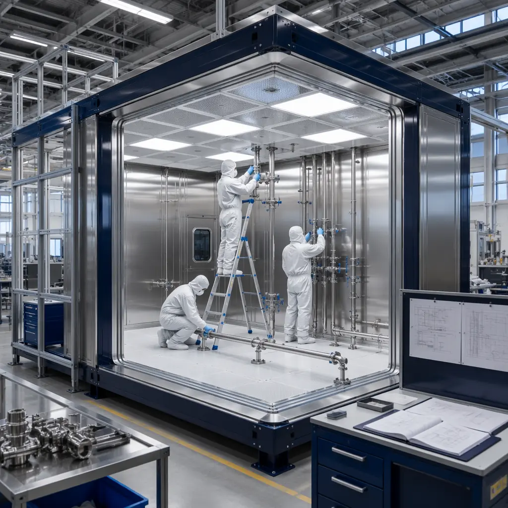 Factory assembly of pharmaceutical-grade modular clean room unit, HEPA filter ceiling grid visible, stainless steel wall panels with coved corners, workers in clean room suits performing installation, quality control documentation station