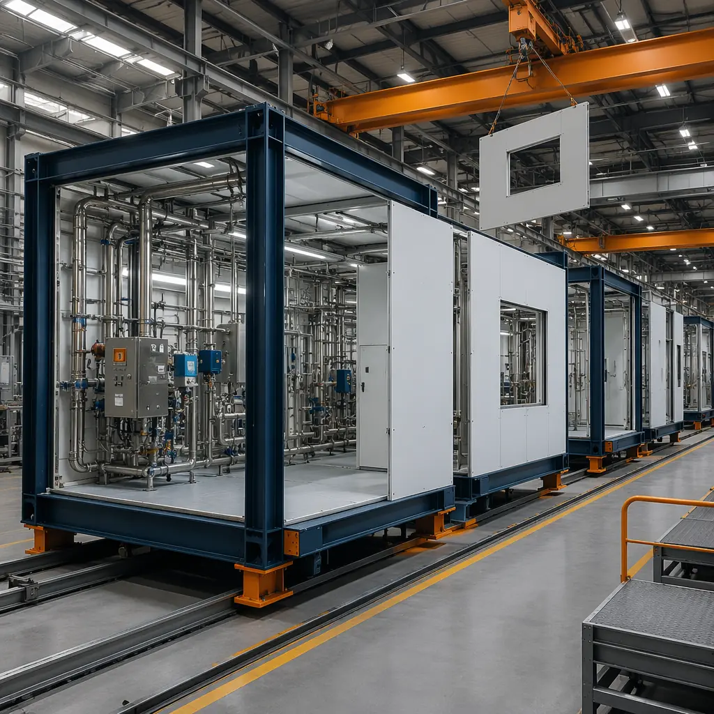 Modular construction factory floor, pharmaceutical clean room module with integrated stainless steel process equipment under assembly, steel frame visible, quality control station with documentation tablets, wall panels with integrated MEP services