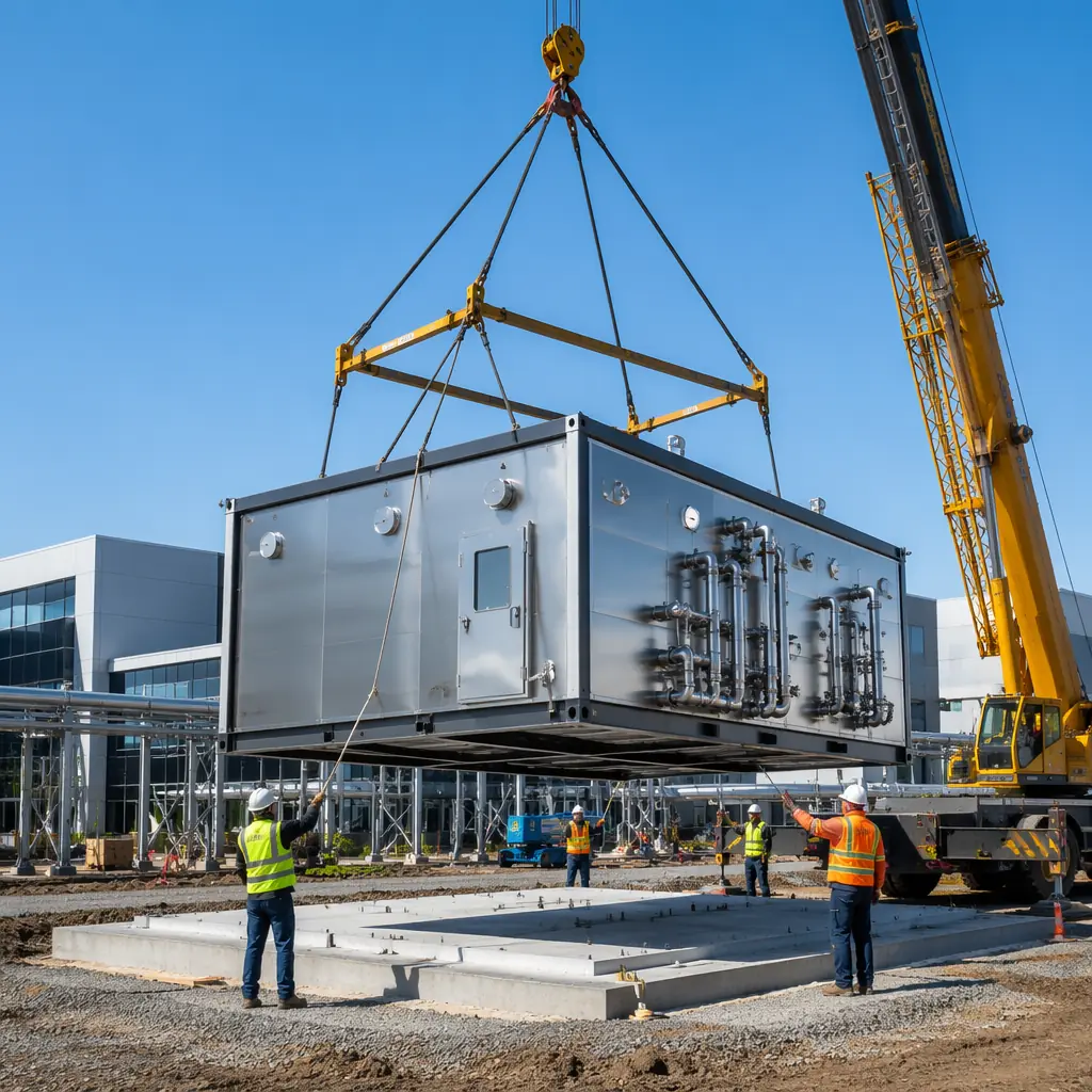 Crane lifting completed modular pharmaceutical clean room unit onto prepared foundation at life sciences campus, module with pre-installed HEPA housings and process utility connections visible, construction team coordinating placement
