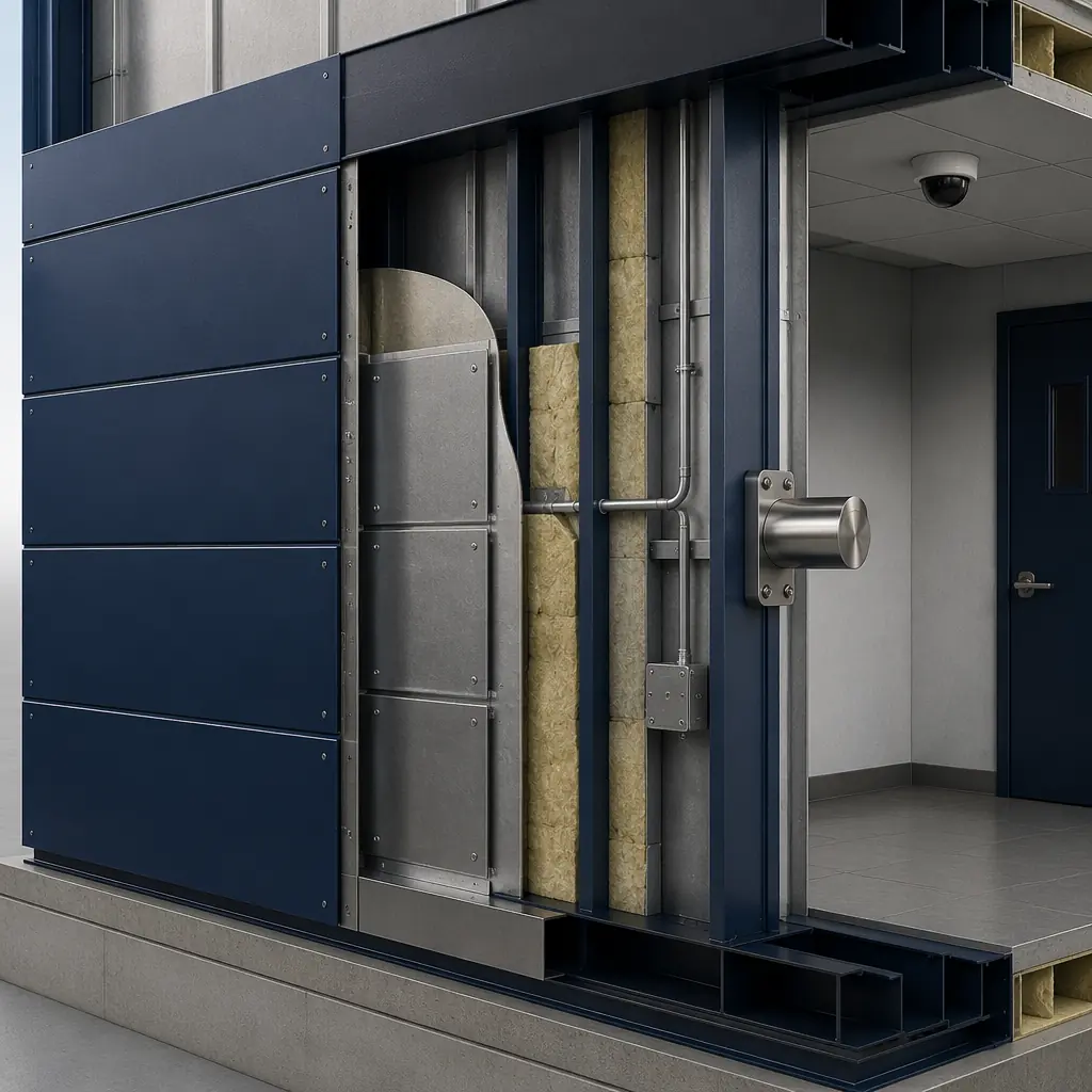 Photorealistic 3D cross-section render of modular police station wall assembly showing ballistic-rated steel panel layers, continuous-weld joints, factory-installed electrical conduit for CCTV and duress alarms, acoustic isolation batt insulation between staggered steel studs, tamper-resistant fixture mounting details, dark navy structural elements with warm steel orange accent