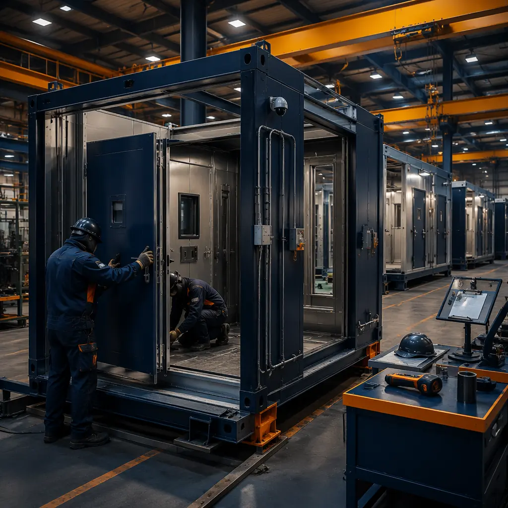 Factory floor of modular prefabricated construction facility, police station holding cell module being assembled with continuous-weld steel wall panels, tamper-resistant fixtures pre-installed, electrical conduit for CCTV visible, workers in factory environment installing security-rated door assembly, completed detention modules visible in background, quality control inspection station, dark navy and steel orange color palette