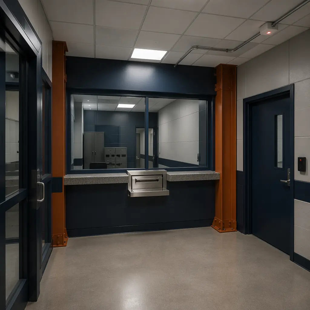 Factory-completed interior of modular police station reception area module, ballistic-rated transaction counter with stainless steel pass-through drawer, wall panels showing module seam between adjacent prefabricated units, secure access control door with card reader pre-installed, emergency lighting conduit visible in ceiling grid, clean professional law enforcement facility aesthetic, dark navy accents with warm steel orange detailing on structural elements