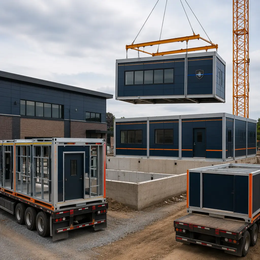 Construction site of modular police station, crane lifting completed law enforcement module with factory-finished exterior wall panels and ballistic-rated glazing onto prepared foundation, flatbed trucks delivering additional modules, steel frame modules with pre-installed security-rated door assemblies, module seams visible, existing adjacent station visible in background operating normally during construction, dark navy and steel orange color scheme