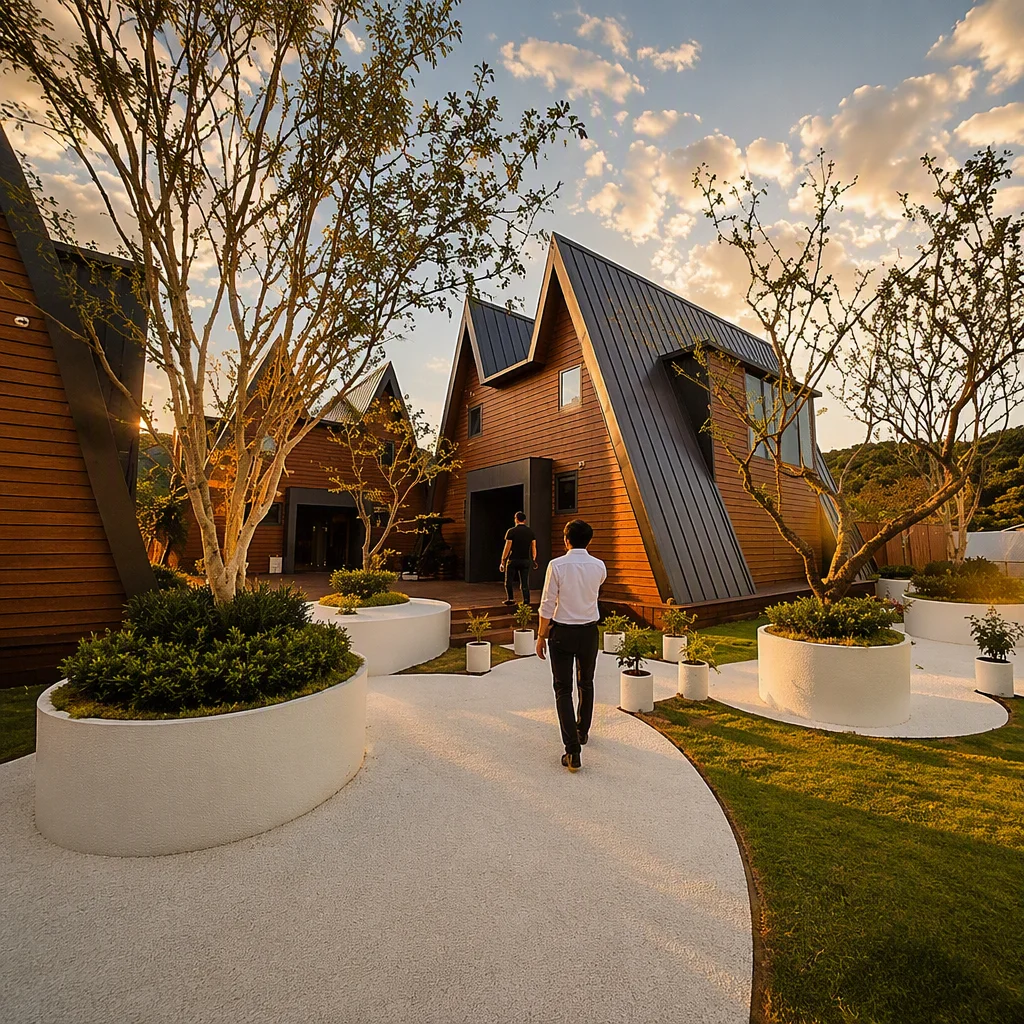 A-frame modular resort hotel courtyard