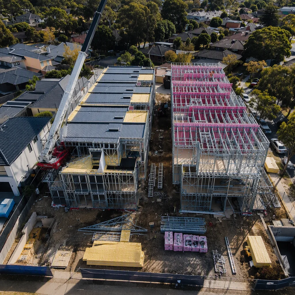 Aerial view of modular steel frame modules on a construction site