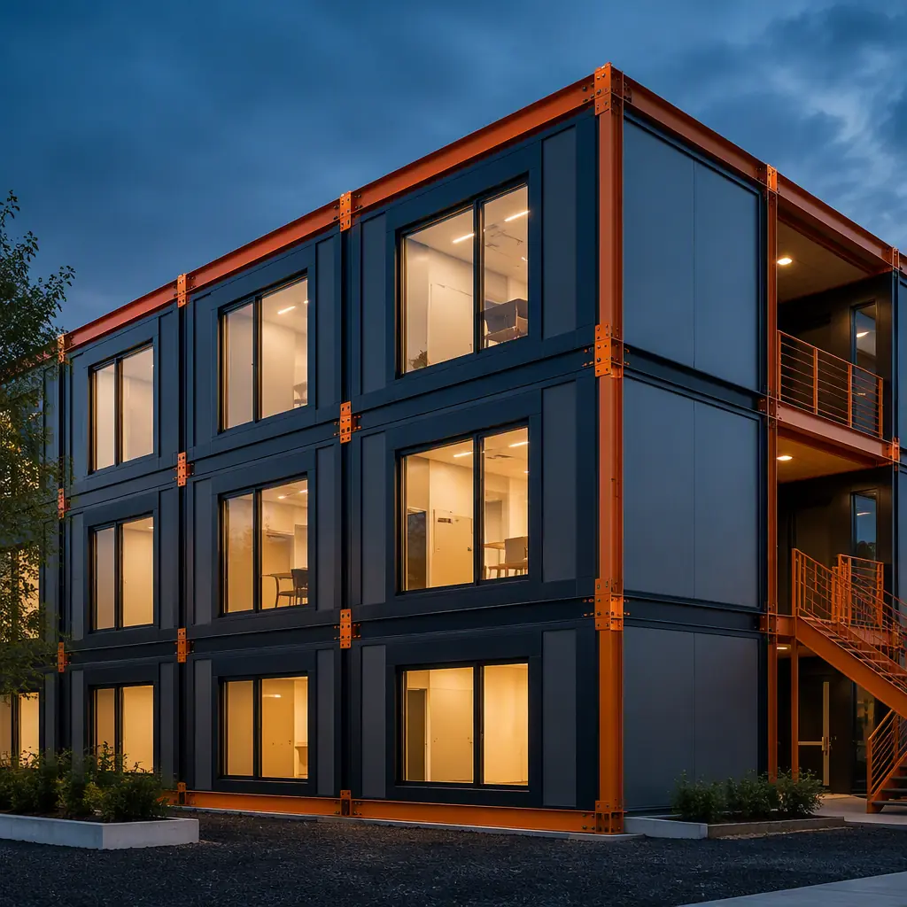 Completed modern modular prefabricated building exterior with clean geometric facade and visible module grid pattern, steel frame construction with factory quality control applied, professional architectural photography showing precision assembly and alignment of modular units, dark navy architectural accents with warm steel orange details, building demonstrating zero-defect factory construction quality