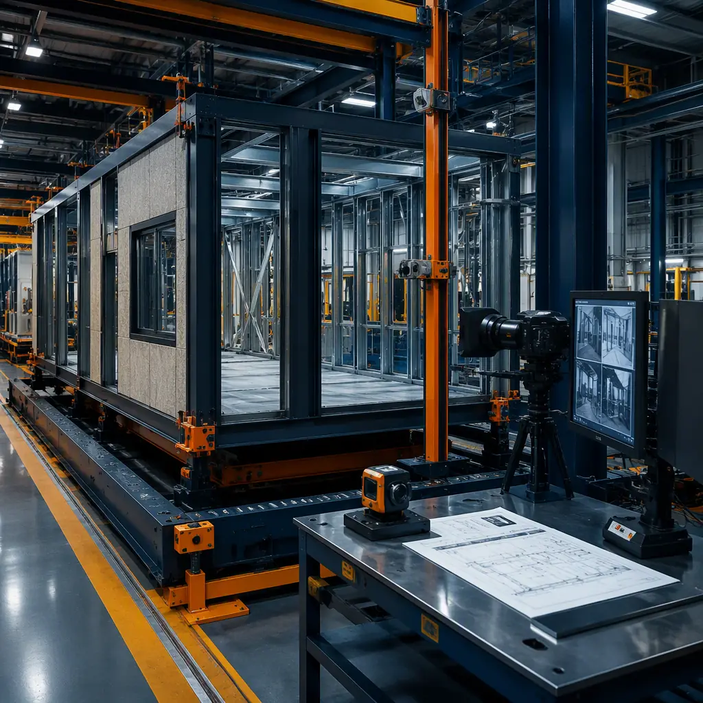 Modular prefabricated construction factory assembly line with multiple modules at different completion stages, steel frame modules progressing through production stations, workers at quality control hold point inspecting completed module interior, controlled factory environment with overhead crane and production workflow visible, dark navy structural steel elements with warm steel orange safety markings on factory floor