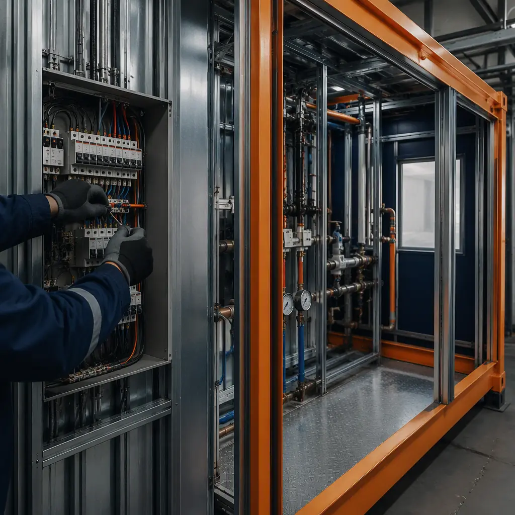 Factory quality control inspection of modular prefabricated construction module, technician with tablet checking electrical panel connections against digital checklist, completed steel frame module interior with finished drywall and installed light fixtures, quality inspection station on modular construction assembly line, dark navy structural framework with warm steel orange safety markings