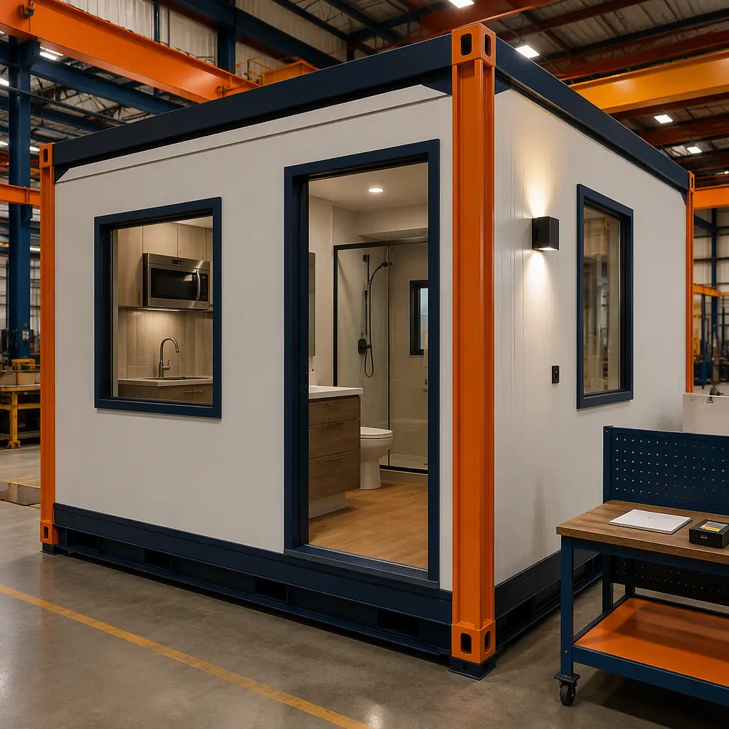 Completed modular prefabricated construction module on factory floor undergoing final quality inspection before shipping, steel frame module with interior finishes and MEP systems fully installed, quality control checklist being verified against module, shipping labels and module identification visible, controlled factory environment with overhead crane and adjacent modules in production, dark navy steel frame with warm steel orange quality control station markings