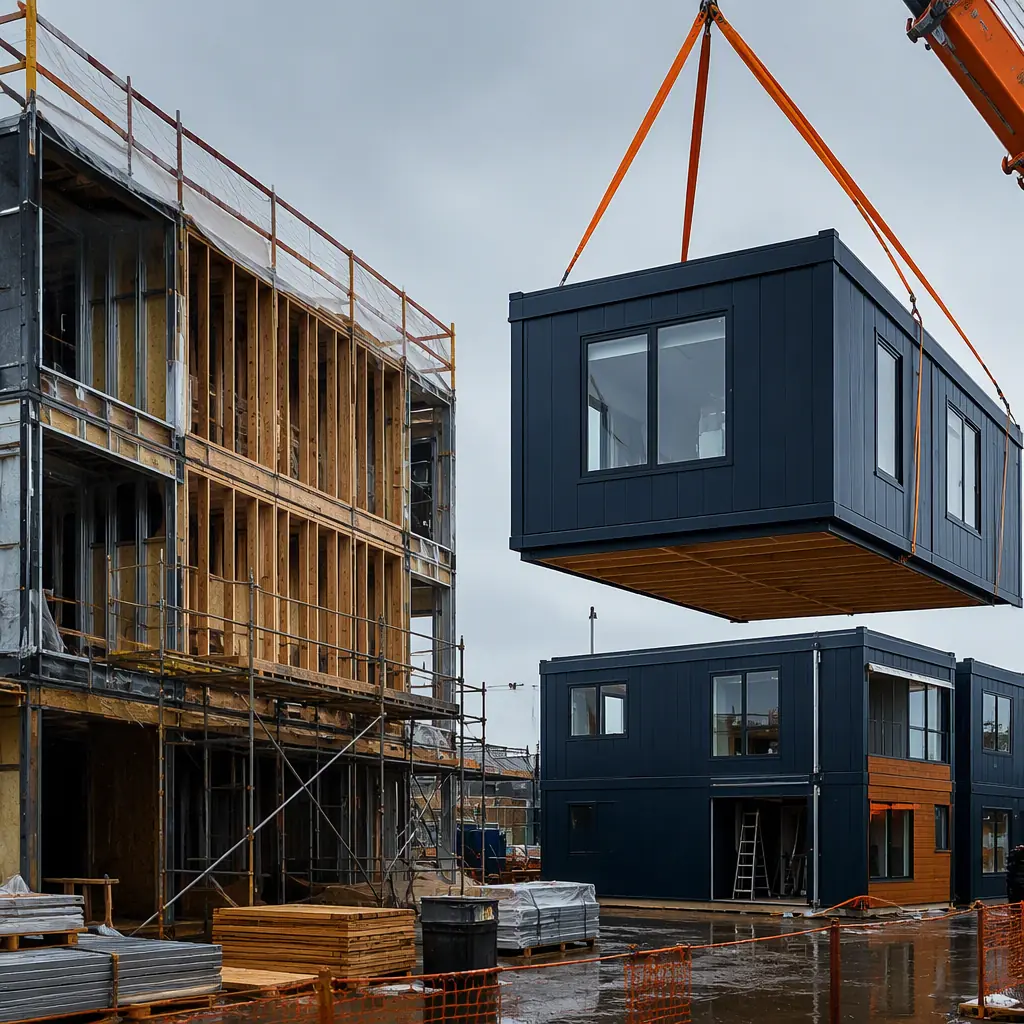 Side-by-side comparison on construction site: completed modular building unit with factory-finished exterior and pre-installed windows being craned into position on left, traditional site-built construction with exposed framing and ongoing trade work on right, both methods visible on same site, modular prefabricated construction, factory-assembled modules, steel frame structure visible, dark navy and warm steel orange accents