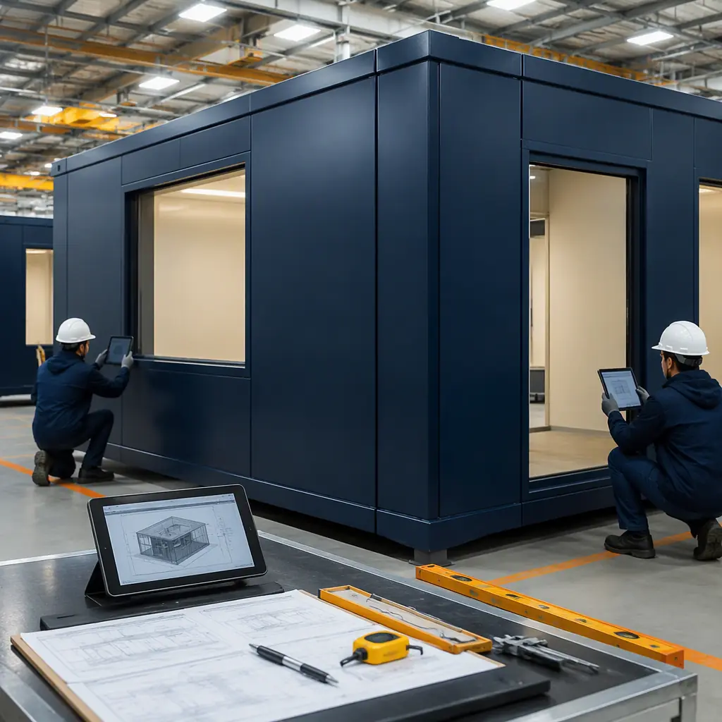 Factory quality control inspection station for modular prefabricated construction, completed steel frame module undergoing detailed QC inspection, technicians measuring and documenting with digital tablets, module with pre-installed MEP systems visible, factory environment with overhead lighting, modular prefabricated construction, factory-assembled modules, steel frame structure visible, color palette with dark navy accents and warm steel orange details