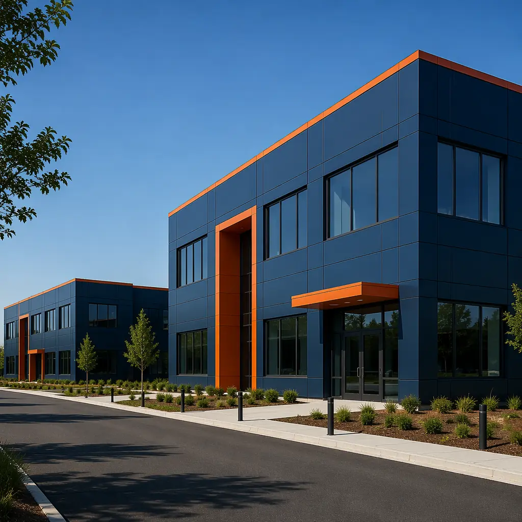 Completed modular prefabricated building exterior with clean geometric facade, grid pattern reflecting factory-assembled modules, modern architectural design, module seams visible, dark navy accents with warm steel orange details on structural elements, professional construction photography, modular prefabricated construction, steel frame structure visible