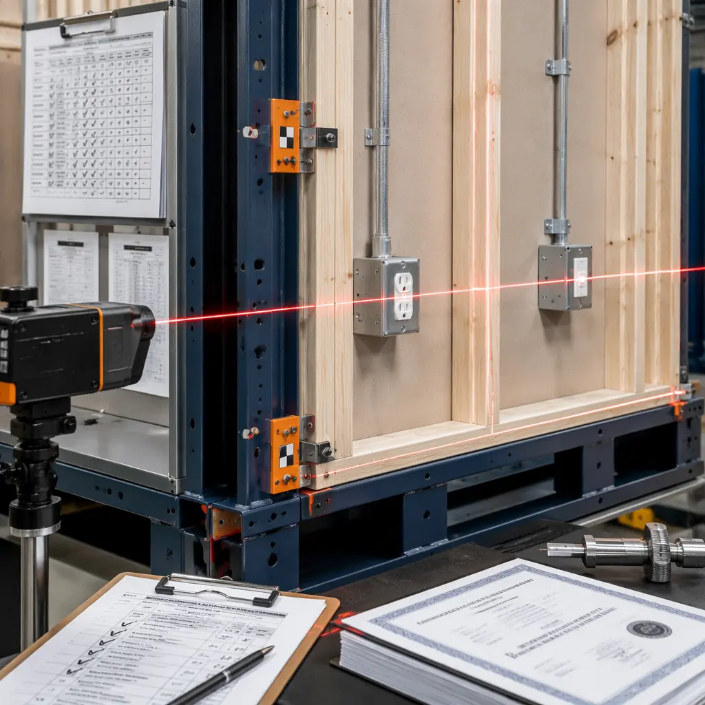 Detailed factory quality control inspection of modular prefabricated construction, technician using digital measurement tools on steel frame module, MEP connections being pressure-tested, wall panel alignment being verified with laser level, factory assembly line with completed modules in background, modular prefabricated construction, factory-assembled modules, steel frame structure visible, dark navy and warm steel orange color palette