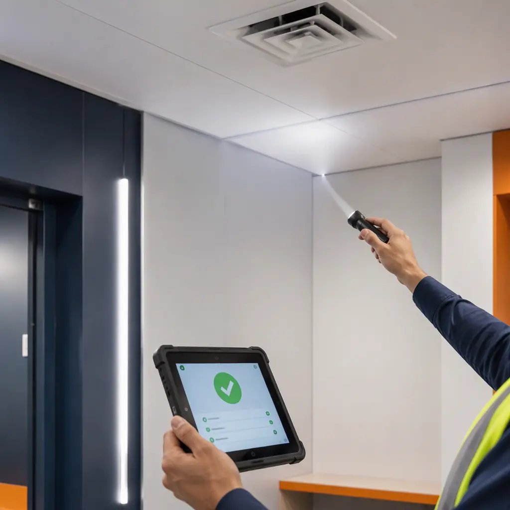 Inspection and testing documentation scene in modular prefabricated construction, digital tablet displaying QC checklist with completed inspection items, measuring instruments on workbench, module with pre-installed MEP systems undergoing final quality verification, factory environment with organized documentation station, modular prefabricated construction, factory-assembled modules, steel frame structure visible, dark navy and warm steel orange color palette