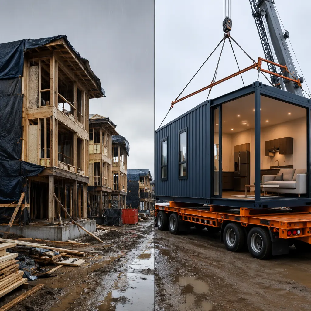 Site-built construction site showing visible quality variation between different trade work, uneven drywall finishing at wall joints, exposed MEP rough-in with inconsistent routing, outdoor construction with weather exposure affecting work quality, contrast with organized factory production, modular prefabricated construction context, dark navy and warm steel orange color palette accents on safety barriers