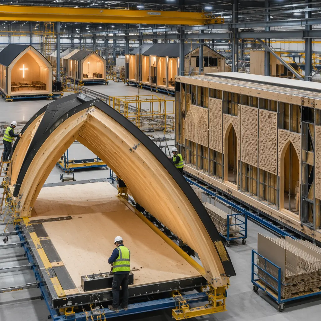 Factory assembly line for modular religious building components, large-scale worship center ceiling module under construction in clean factory environment, steel framework with acoustic panel installation visible, completed prefabricated modules in background, volumetric modular construction for faith facility