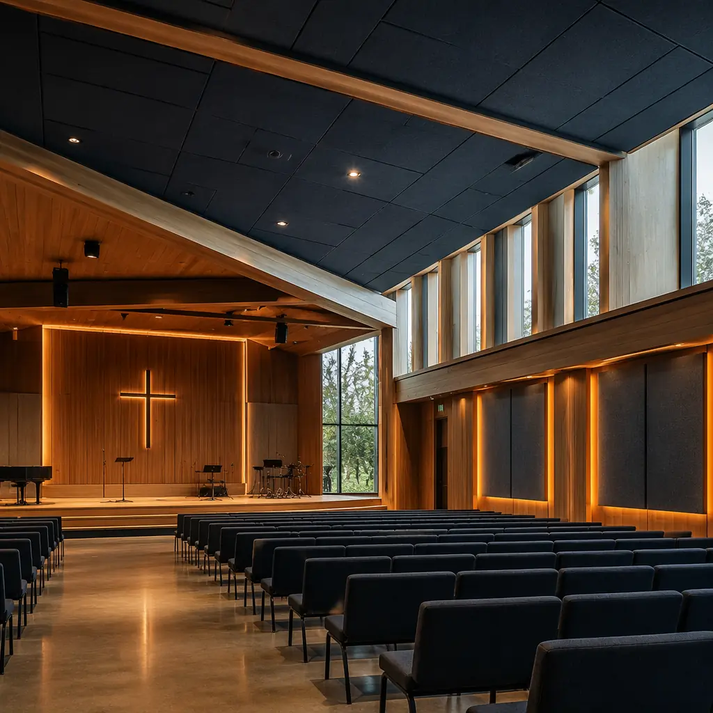Contemporary modular worship center interior with warm wood finishes and modern sacred architecture, vaulted ceiling with integrated acoustic panels, theater-style seating facing elevated stage, natural light through clerestory windows, prefabricated religious facility showcasing custom architectural design, modular construction for faith-based buildings