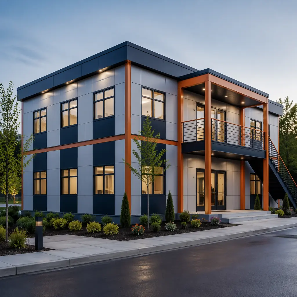 Completed relocated modular building fully operational at new site, contemporary prefabricated commercial structure with professional landscaping, clean geometric facade with grid pattern, module seams subtly visible, building successfully reinstalled and occupied, dark navy and warm steel brand colors on architectural elements