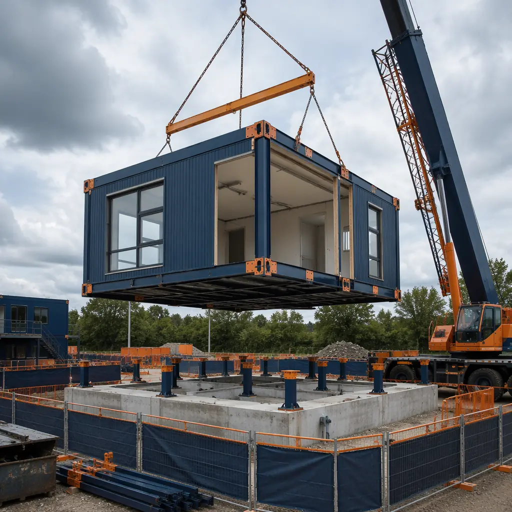 Crew disassembling modular building by separating prefabricated modules at connection joints, crane positioning to lift individual module units from multi-story structure, steel frame modules being separated with mechanical connections visible, organized deconstruction site with safety equipment, modular prefabricated construction being systematically disassembled