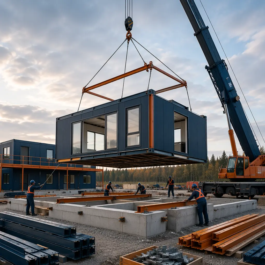 Modular building modules being reinstalled on new foundation at destination site, crane lifting prefabricated steel frame unit onto prepared pier foundation, module connection crew positioning unit, new construction site with organized staging, modular units with factory finishes being set in place