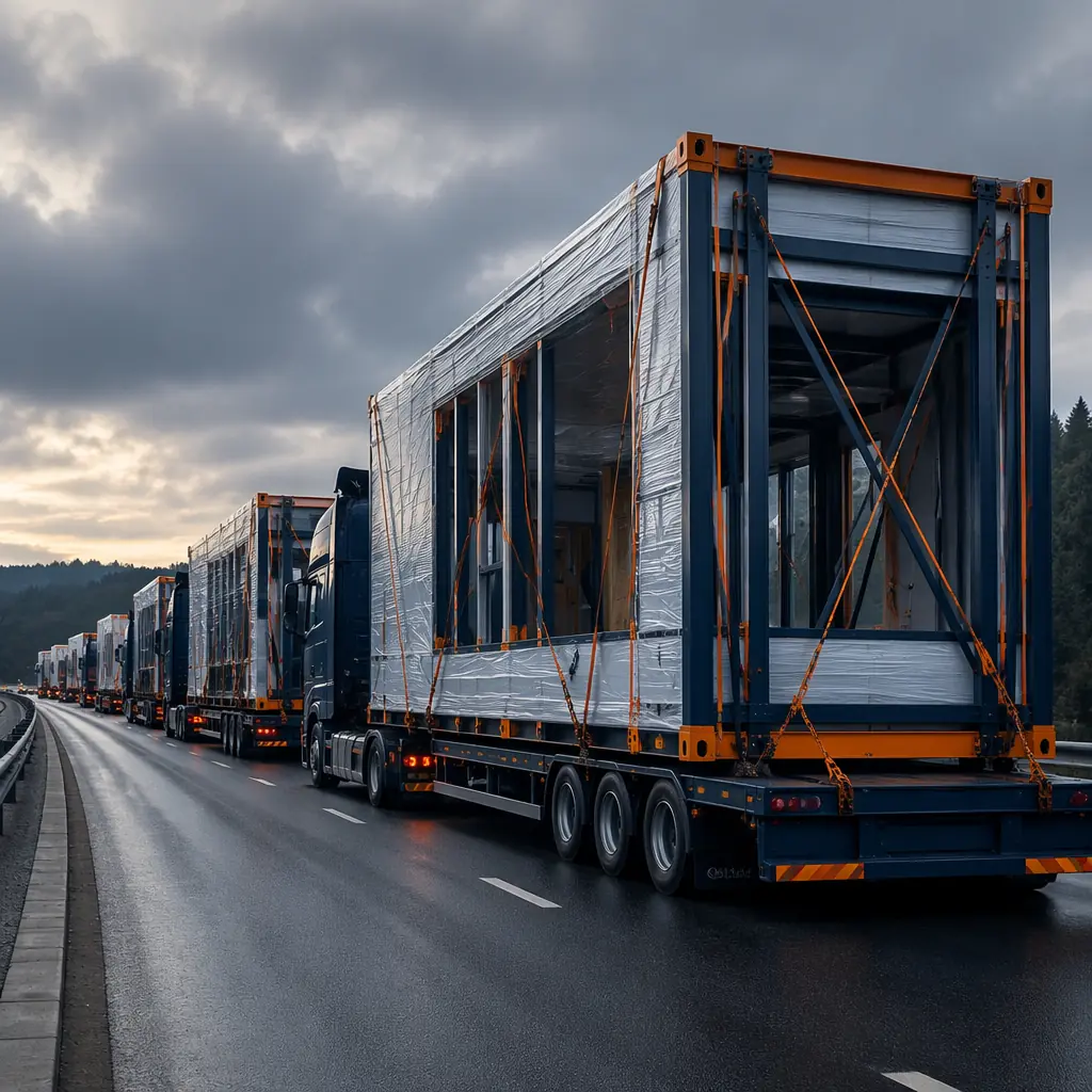 Fleet of flatbed trucks loaded with modular building modules on highway during relocation transport, prefabricated steel frame units secured for long-distance transport, modular construction modules wrapped in protective covering, logistics convoy with escort vehicles, organized industrial transport operation