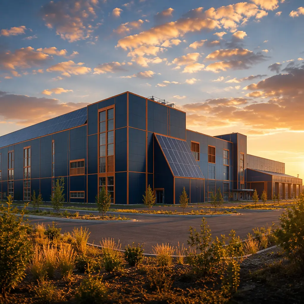 Clean energy manufacturing facility atmosphere at twilight, completed modular renewable energy gigafactory campus with solar panel production building and wind turbine assembly bay, prefabricated steel-framed modules with clean geometric facades, blue hour lighting on modern industrial architecture, module seams visible in grid pattern facade, dark navy structural accents with warm steel orange illuminated entrance, modular prefabricated construction for sustainable energy manufacturing