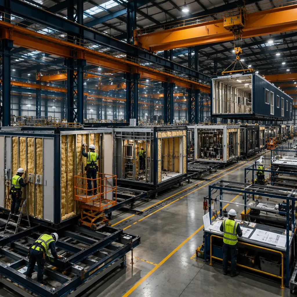 Factory floor of modular prefabricated construction facility producing clean energy manufacturing modules, steel-framed industrial modules on assembly line with clean room wall panels and overhead MEP trays pre-installed, workers installing process utility connections, multiple modules at various stages of completion, dark navy structural steel columns with warm steel orange safety markings, modular prefabricated construction for renewable energy gigafactory modules