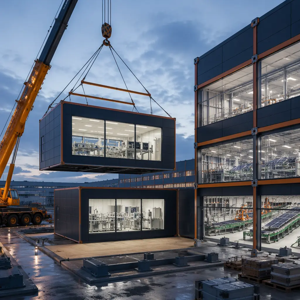 Interior of modular prefabricated solar cell manufacturing clean room module, ISO Class 6 clean room environment with HEPA fan filter units in ceiling grid, PECVD process tool and automation track installed on raised access floor, ultrapure water and process gas piping routed through dedicated utility chases, yellow clean room lighting for photolithography-sensitive processes, dark navy structural steel columns with warm steel orange accents, modular prefabricated construction for solar gigafactory