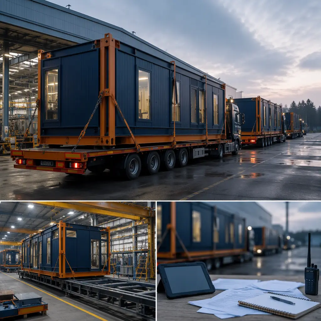Completed modular renewable energy production modules being transported on flatbed trucks from factory to gigafactory construction site, steel-framed clean room modules with weatherproof wrapping, oversized load convoy with escort vehicles on highway, module dimensions visible against standard truck scale, dark navy steel frames with warm steel orange corner castings, modular prefabricated construction modules for clean energy manufacturing deployment