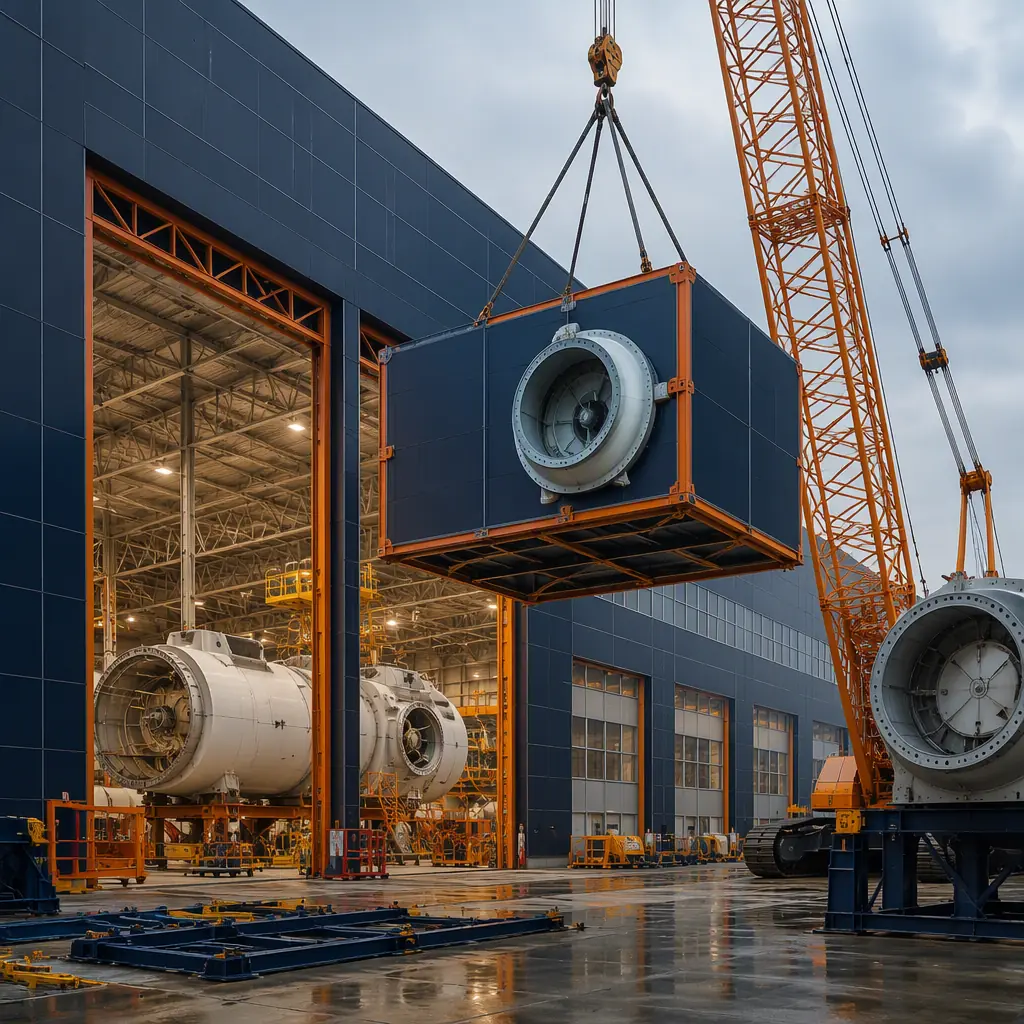 Inside modular wind turbine nacelle assembly bay, steel-framed heavy industrial module with 200-tonne overhead crane runway beams pre-installed, 15 MW wind turbine nacelle partially assembled on factory-cast reinforced floor slab with embedded positioning rails, double-height clear span structure with no interior columns, welding and final assembly workstations along module perimeter, dark navy structural steel frame with warm steel orange crane rail detailing, modular prefabricated construction for wind energy manufacturing
