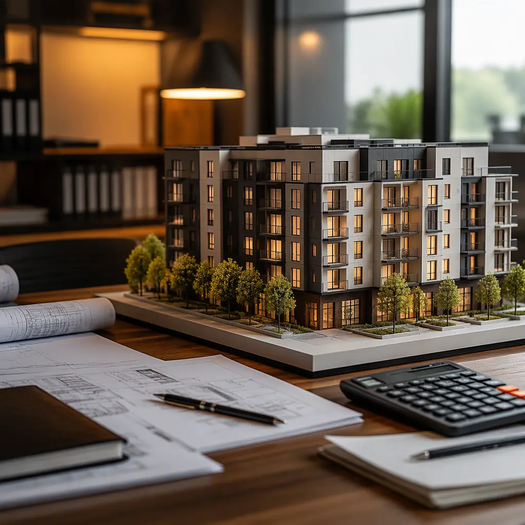 Professional commercial real estate investment portfolio visualization, architectural model of modern modular multi-family building on desk with financial documents, warm office lighting, conveys asset value and investment quality