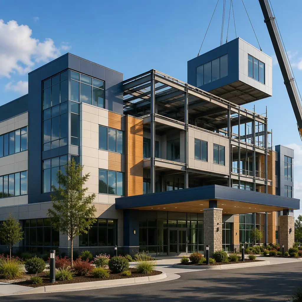 Modern modular medical office building exterior, steel frame visible during final assembly phase, clean professional healthcare architecture, sunlit facade with large windows, demonstrates permanent high-quality construction