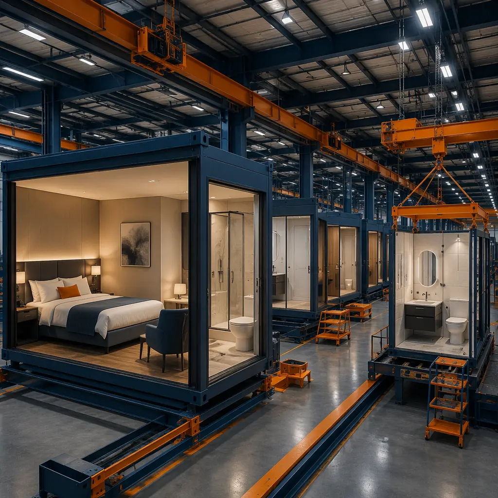 Factory assembly line for modular hotel room units, completed guest room modules on factory floor with bathroom pods visible through open doorways, steel frame modules with finished interiors, workers installing fixtures in hotel bathroom module, modern factory with overhead crane
