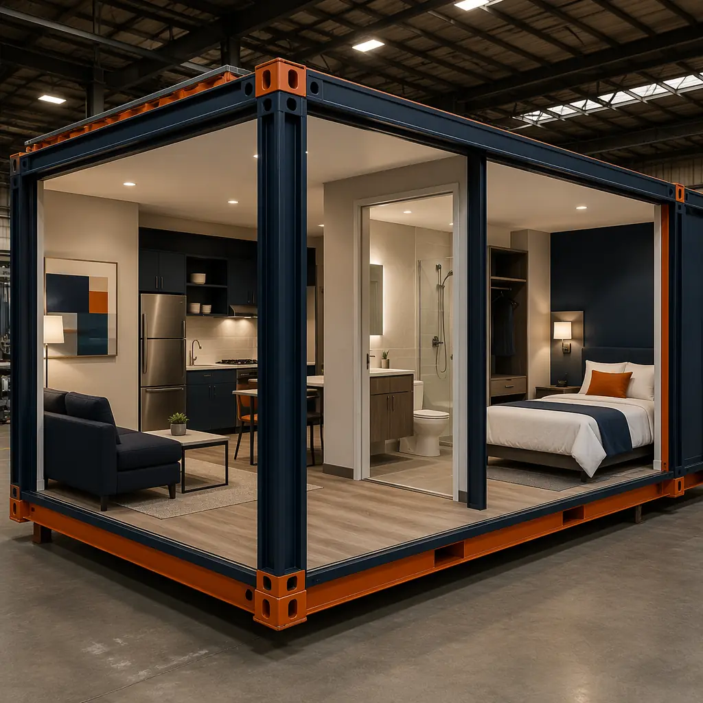 Completed extended-stay hotel room module in factory, kitchenette with full-size refrigerator and cooktop visible, separate living and sleeping areas, bathroom pod pre-installed, factory lighting showing finished interior, module ready for transport and site assembly