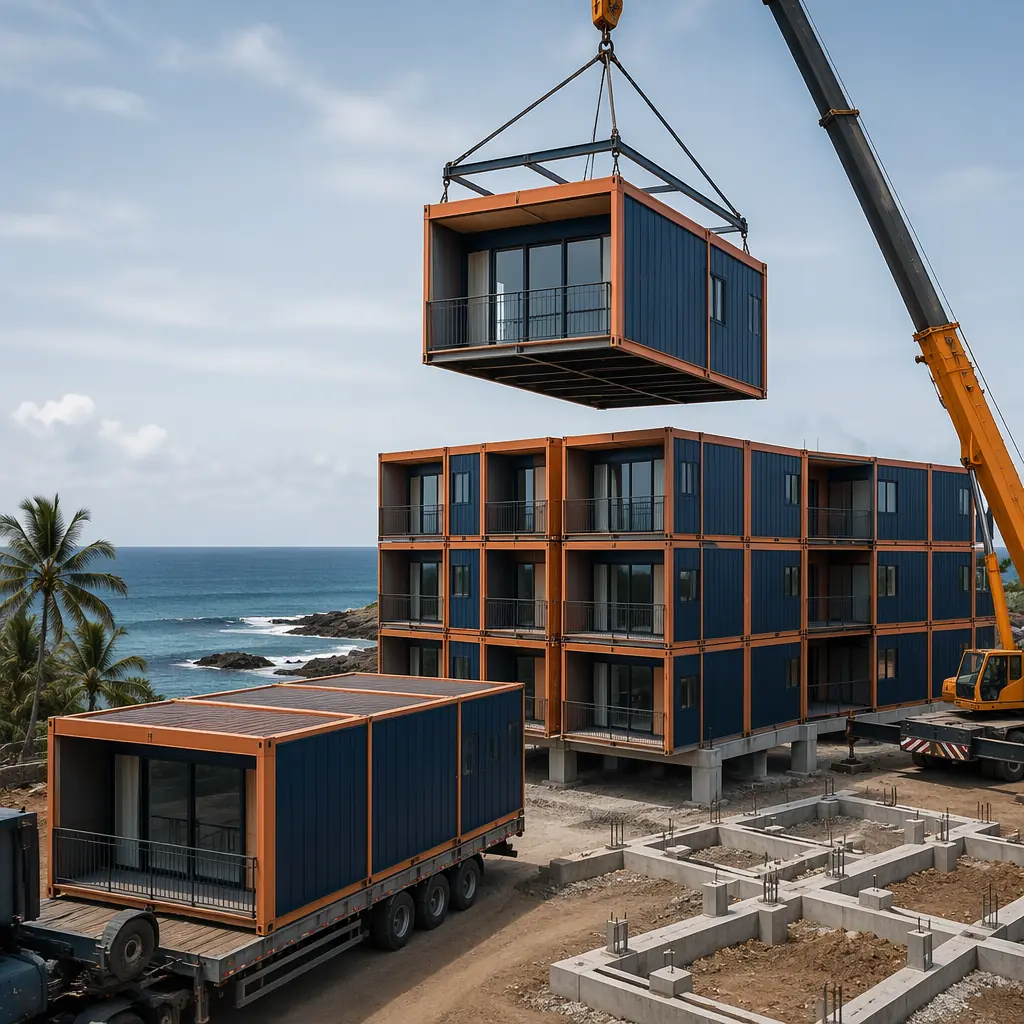 Modular resort hotel modules being craned into position at coastal construction site, multiple prefabricated room units stacked on foundation, crane lifting completed module with steel frame and exterior cladding installed, ocean visible in background, construction site with prepared foundations