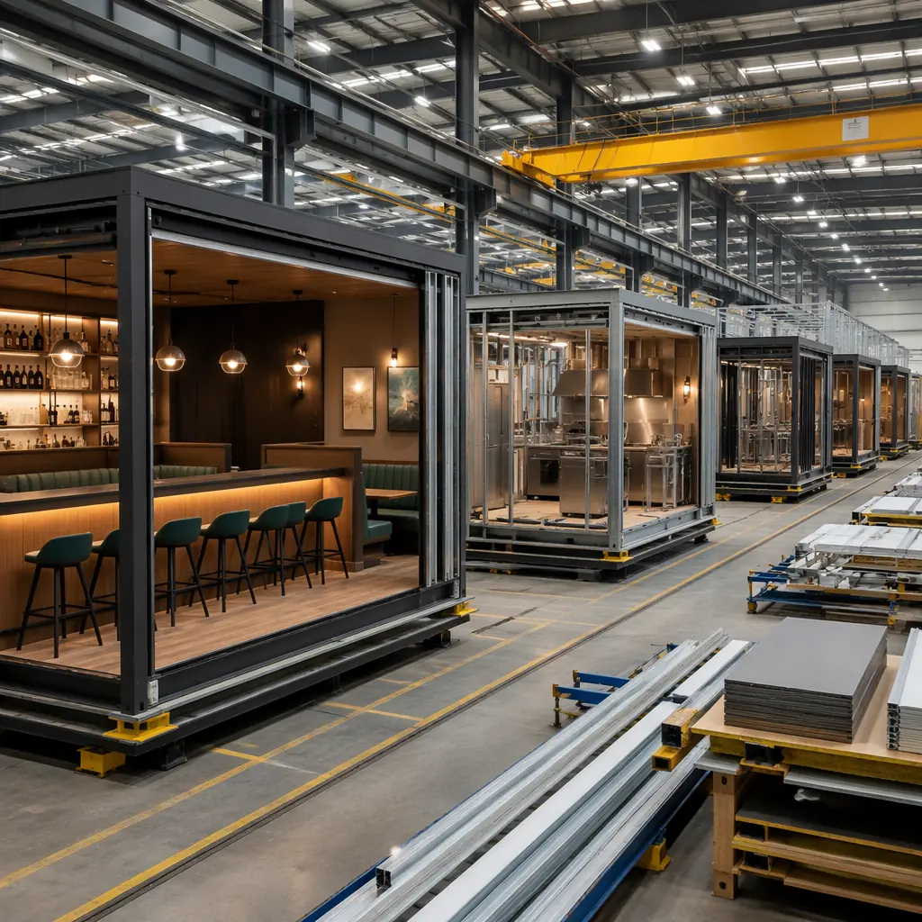 Modular construction factory floor, restaurant module with integrated bar counter and booth seating nearing completion, steel frame visible, multiple modules in various stages of assembly on production line
