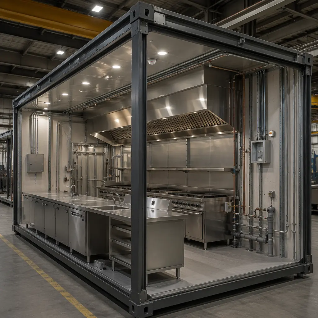 Commercial restaurant kitchen module under factory assembly, stainless steel counters and prep stations installed, Type I exhaust hood visible, plumbing rough-ins and electrical conduits integrated into wall panels, quality control inspection in progress