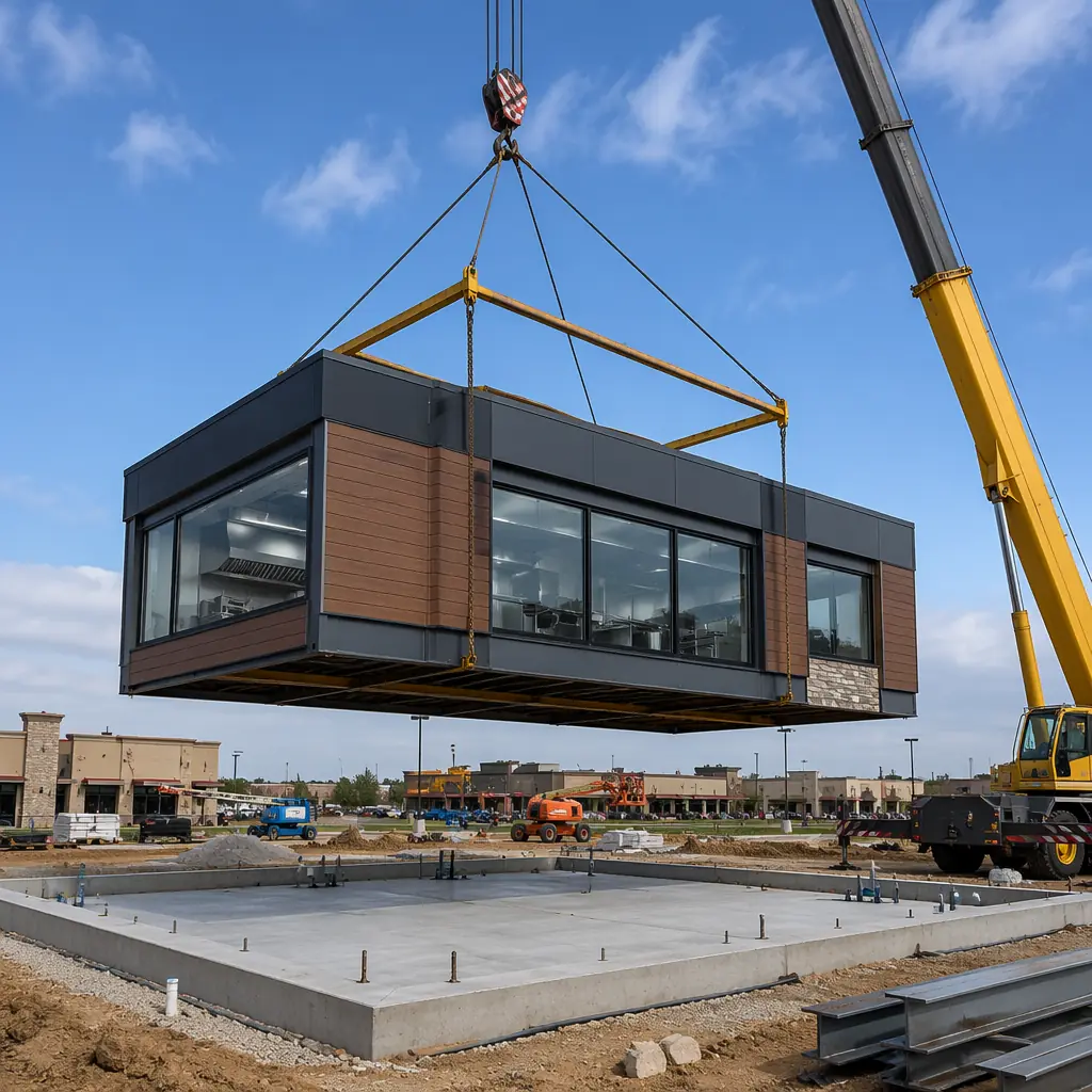 Crane lifting completed modular restaurant building unit with pre-installed kitchen equipment and finished dining room fixtures onto prepared foundation at commercial development site