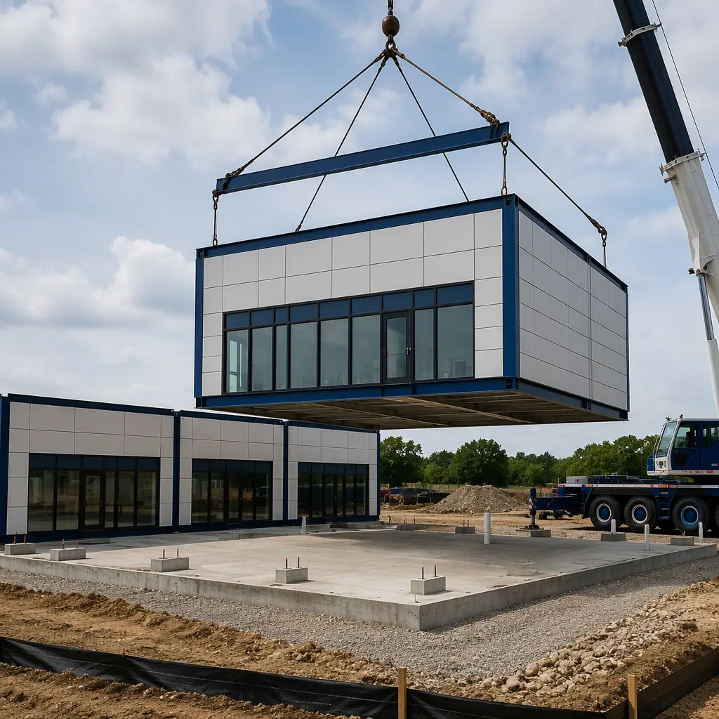 Crane positioning a modular retail unit onto prepared foundation at construction site, steel frame module being guided into place, factory-assembled modules, module seams visible, grid pattern facade