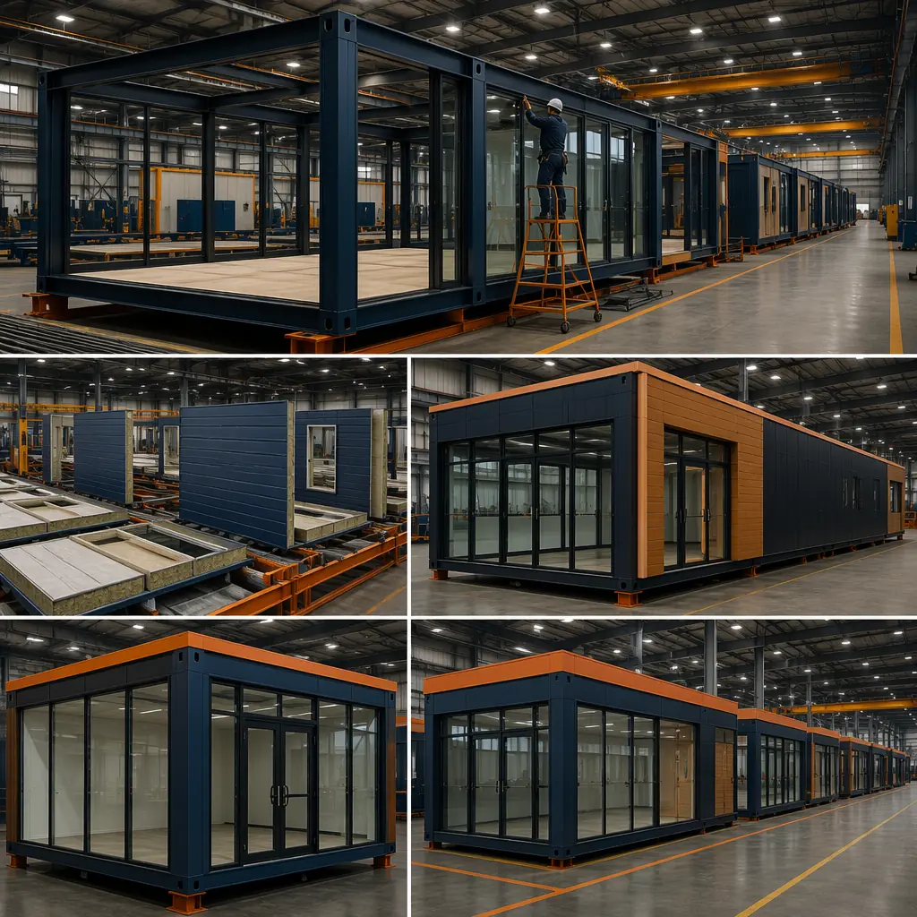 Factory assembly line for modular retail store units, steel frame modules on factory floor, workers installing storefront glazing and aluminum framing, wall panels being fabricated, modules nearing completion