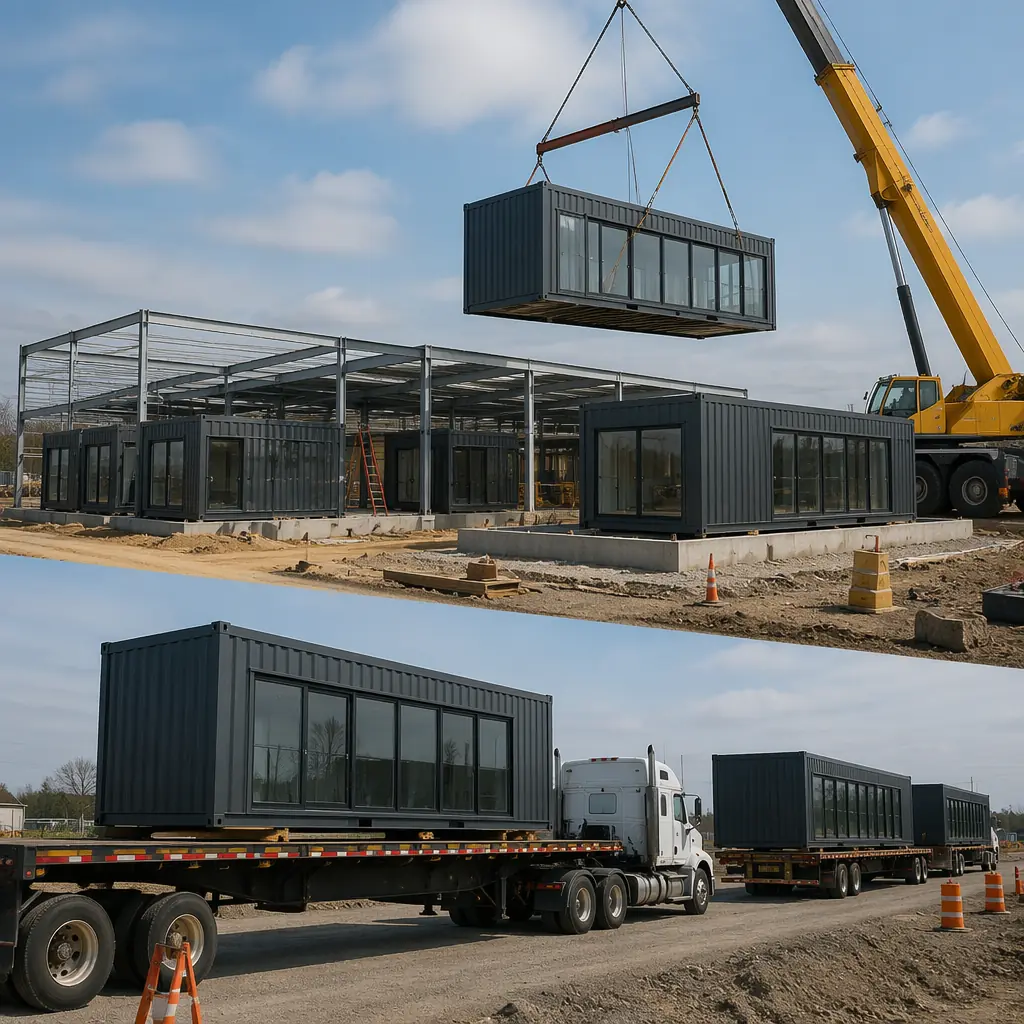 Modular retail store modules arriving on flatbed trucks at construction site, crane lifting a module unit onto prepared foundation, multiple modules already positioned, steel frame structure visible