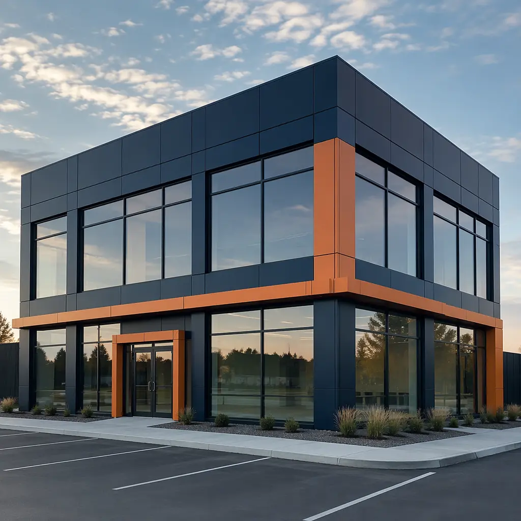 Completed modular retail storefront building, prefabricated construction, modern glass facade with clean geometric lines, grid pattern reflecting modular units, module seams visible, contemporary commercial architecture