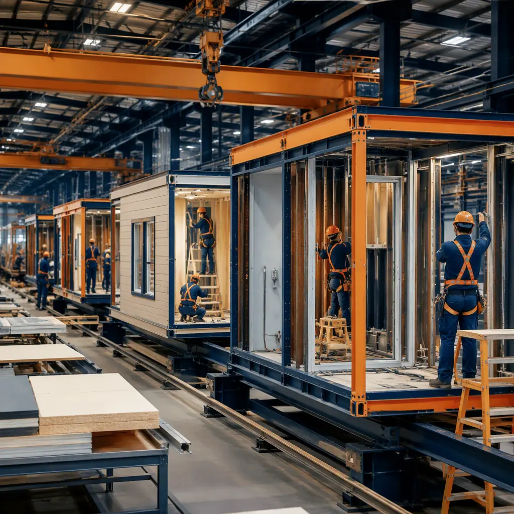 Factory assembly line for modular prefabricated building modules, workers installing wall panels and MEP systems in controlled environment, steel frame modules in production