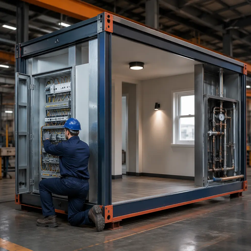 Quality control inspection of completed modular building unit in factory, technician checking electrical panel and plumbing connections, prefabricated module undergoing final inspection before shipping