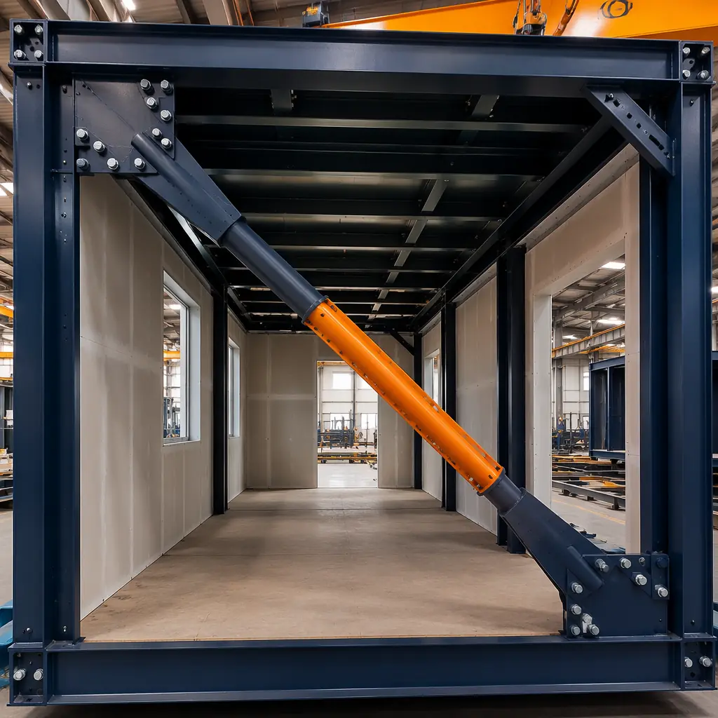 Interior view of modular building steel frame module during factory assembly, buckling-restrained brace installed diagonally across steel frame, high-strength bolted connections at brace-to-gusset plate interface, dark navy painted structural steel, warm steel orange brace core visible at connection, factory assembly line setting with overhead crane, module steel frame with gypsum board partially installed